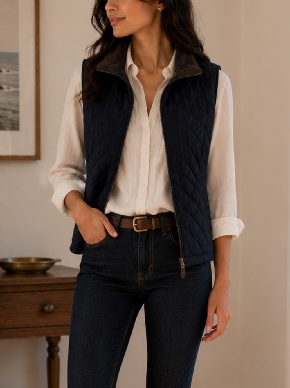 Brooks Brothers Navy Diamond-Quilt Vest with Corduroy Collar